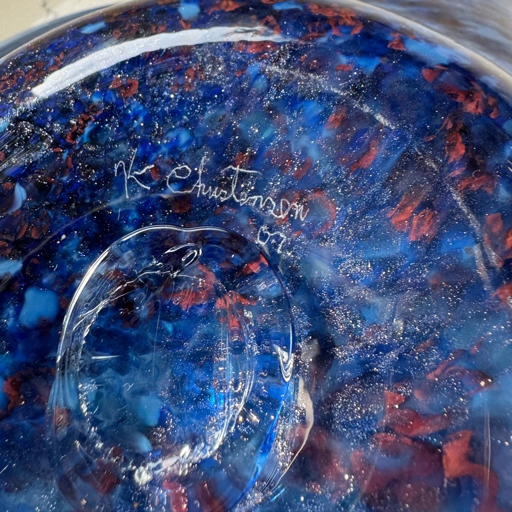 Vibrant Blue and Red Swirl Glass Bowl